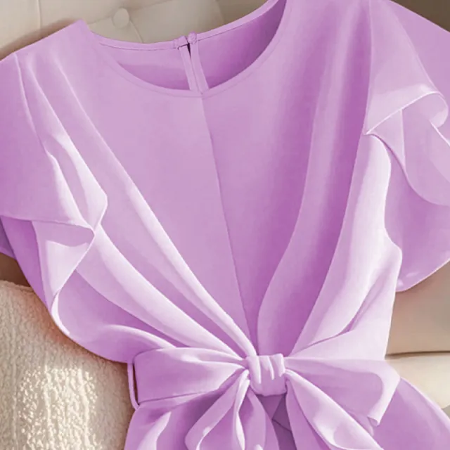 Women's Elegant Short sleeved Thin Shirt Lace up Pullover Purple - Shop at LoveMi