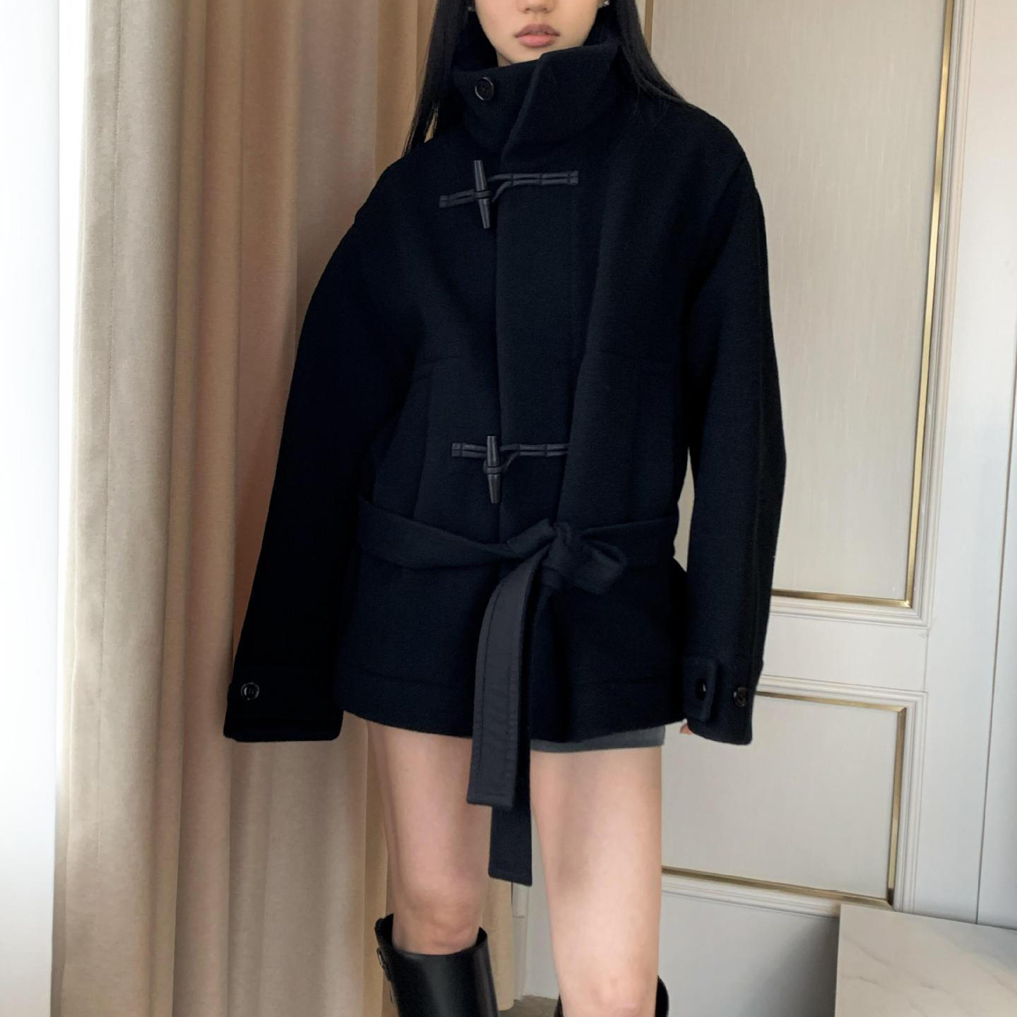 Women's High-neck Coat With Horn-button Closure