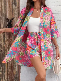 Holiday Floral Print Elegant Two-piece Shirt - Red - View 1