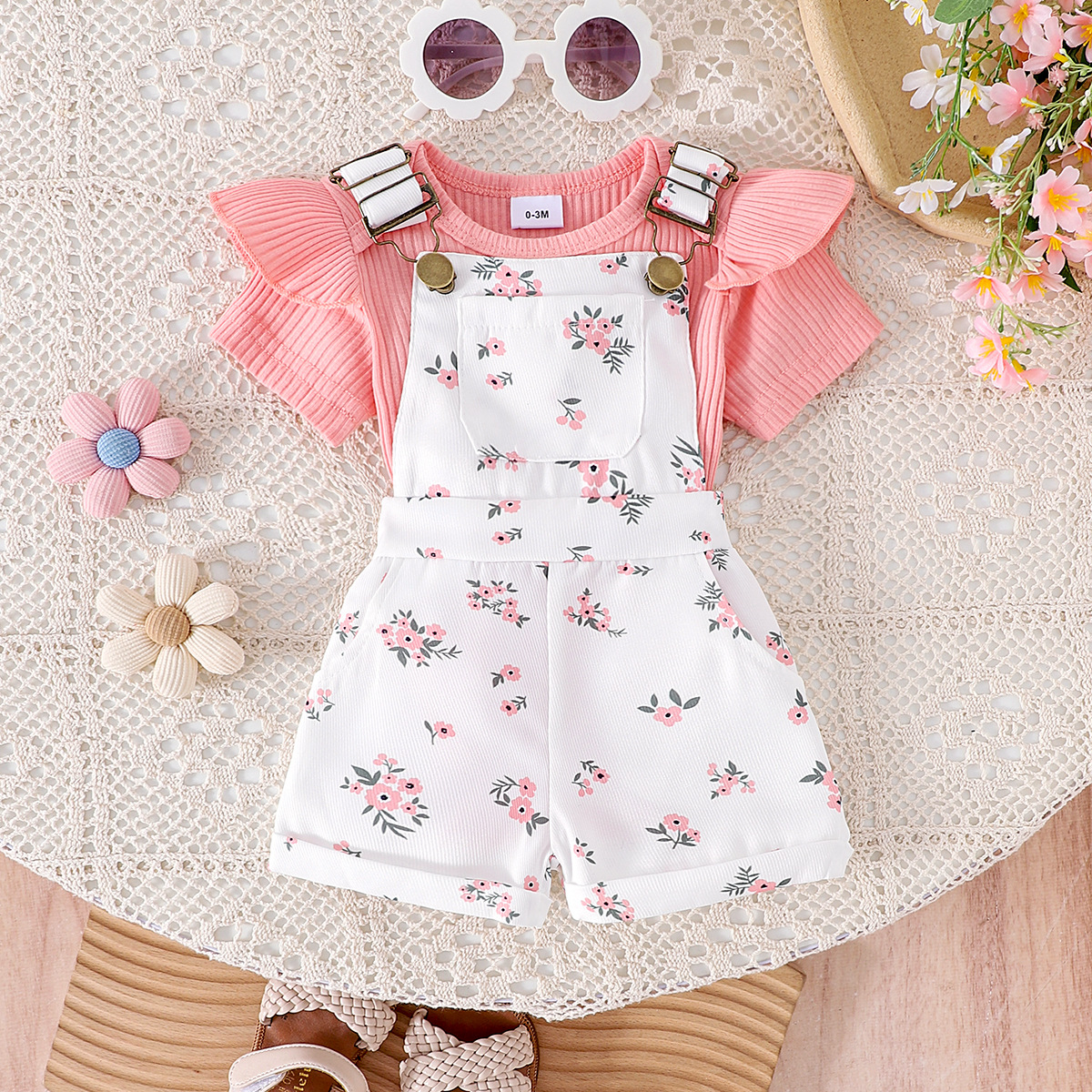 Hole-patterned Romper And Suspender Pants Set