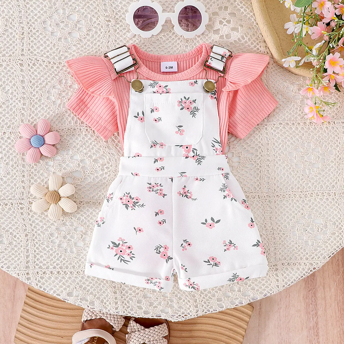 Hole-patterned Romper And Suspender Pants Set