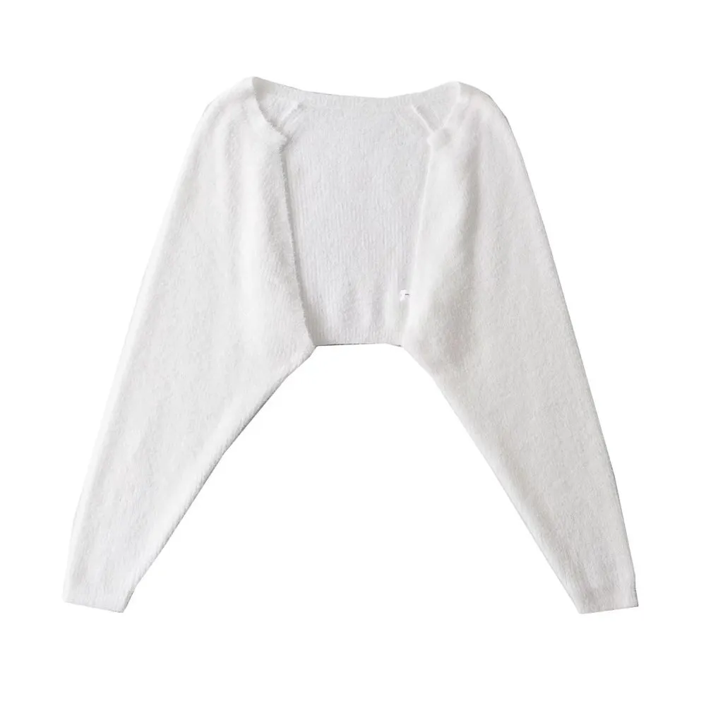 Furry Long Sleeve Short Loose Blouse Outer Sweater Coat For Women - White