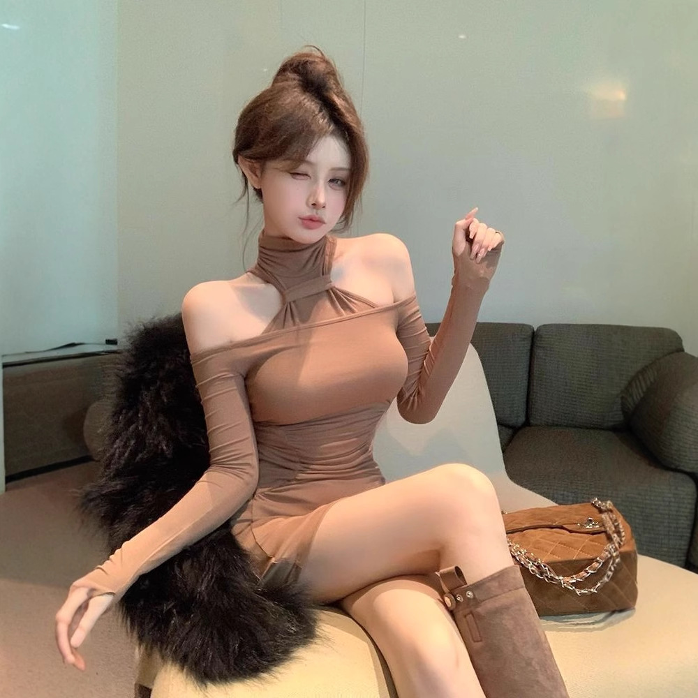 Fashionable Sassy Womens Sheer Alluring Off-shoulder Bodycon Dress