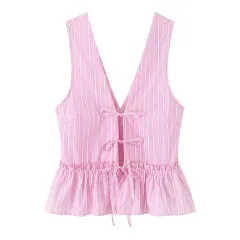 Bowknot Decoration Striped Top Casual Shorts - Top - View 1