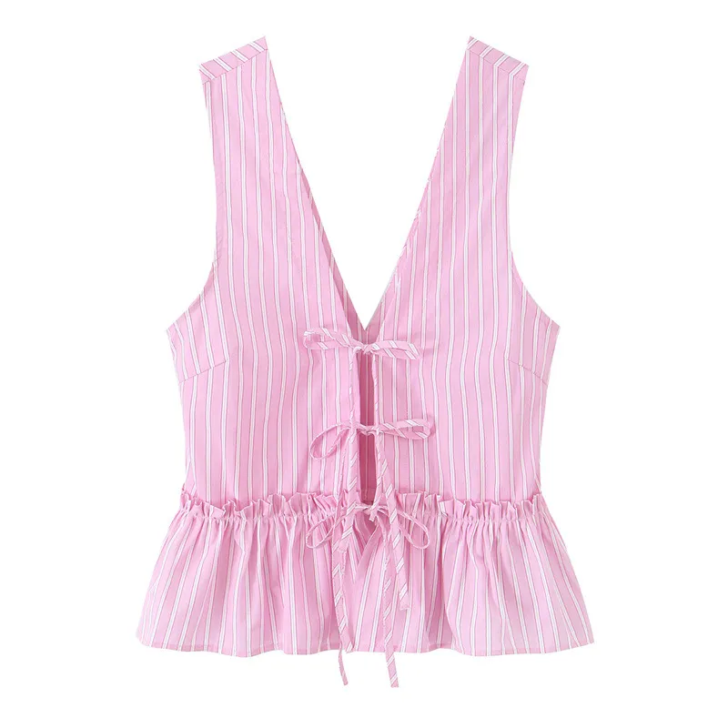 Bowknot Decoration Striped Top Casual Shorts - Top