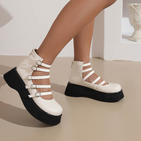 Womens High-top Shoes With A Thick Hollowed-out Leather Belt Buckle