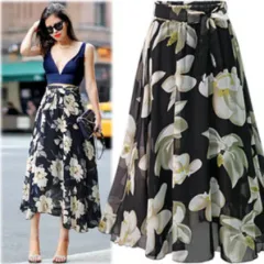 Large Floral Midi Big Swing Chiffon Skirt - Black And White Flowers - View 1