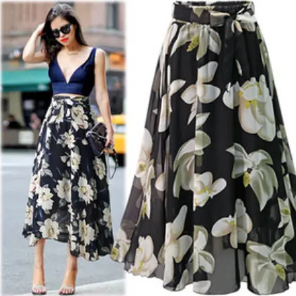 Large Floral Midi Big Swing Chiffon Skirt Black And White Flowers - Shop at LoveMi