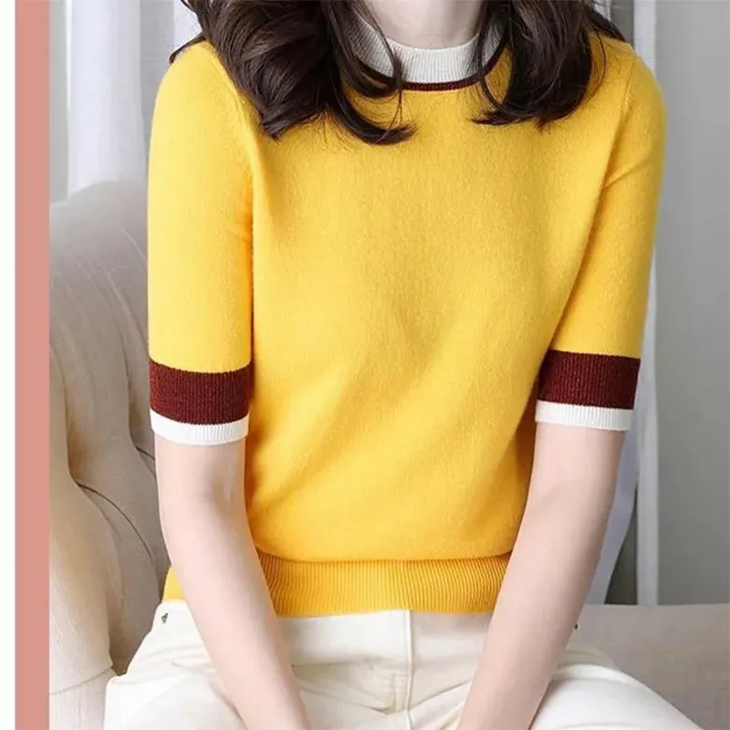 Ice Silk New Knitted Summer Round Neck T-shirt For Women - Yellow