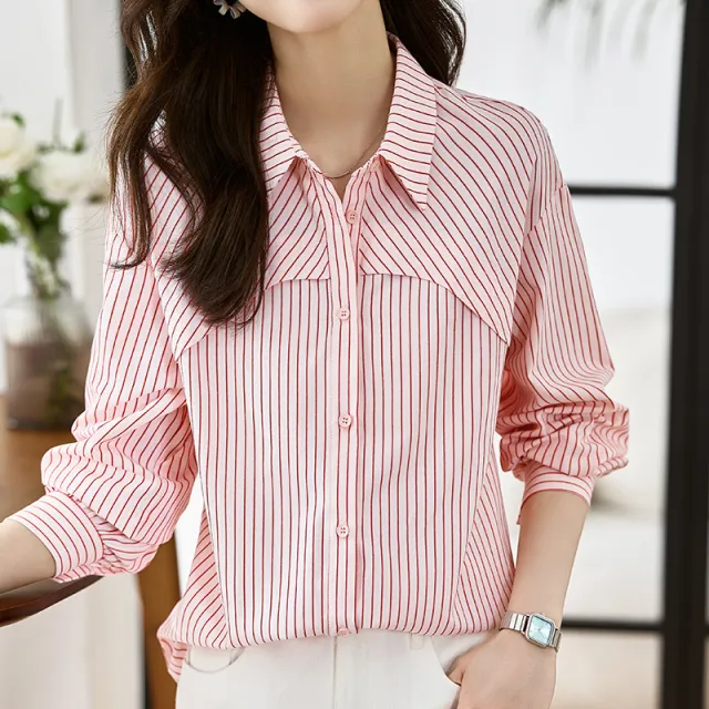French Striped Shirt Top For Women Pink - Shop at LoveMi