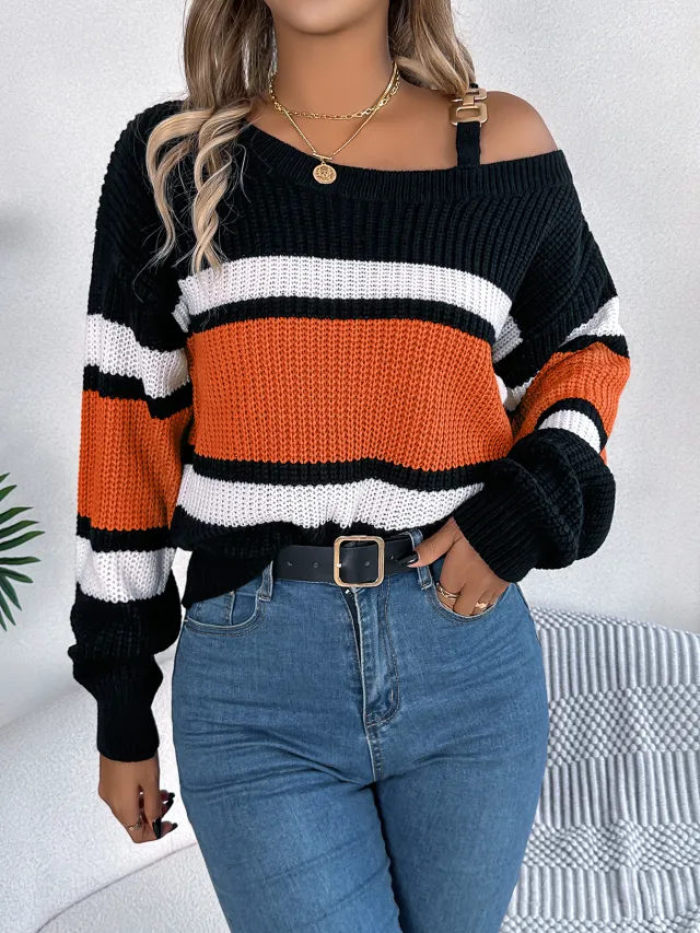 Contrast Color Striped Lantern Sleeve Off the shoulder Pullover Orange - Shop at LoveMi
