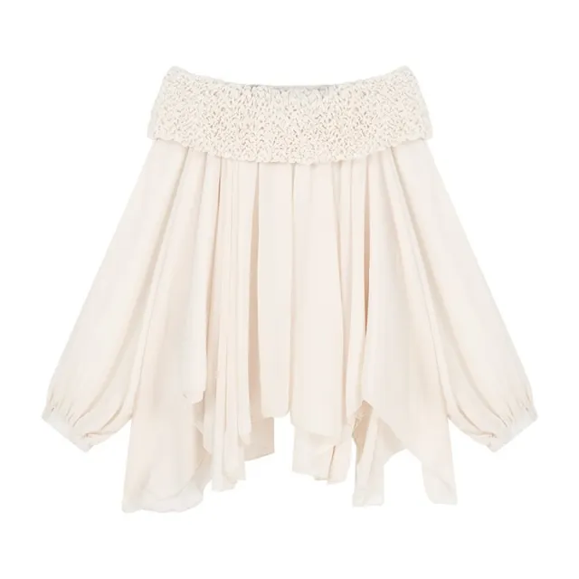 Off shoulder Long Sleeve Chiffon Shirt Loose Mid length Thin Top Apricot - Shop at LoveMi