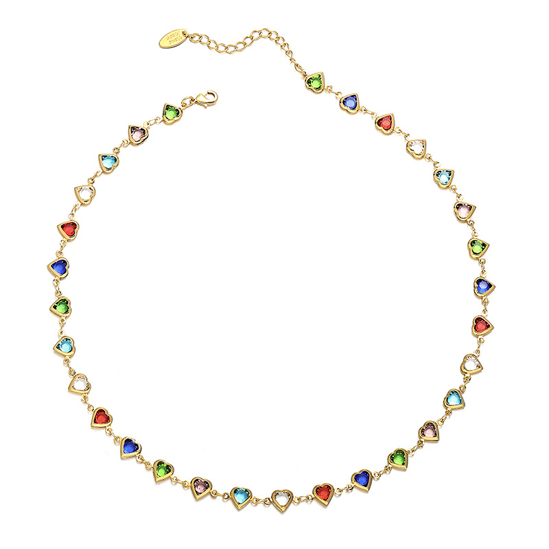Brass Plated 18K Real Goldwhite Gold Color Ins Fashion Special-interest Summer Candy Color Glass Heart Bracelet Necklace