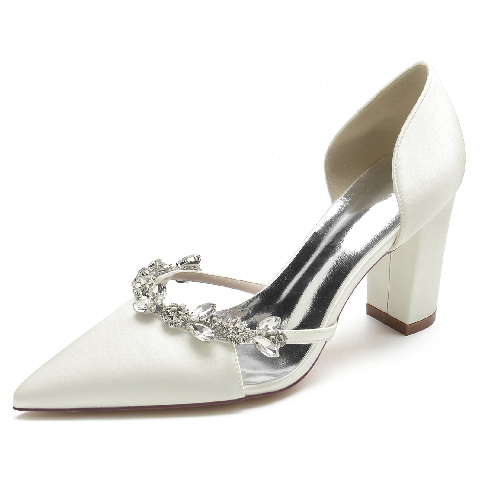 Title 25, Satijnen pumps met spitse neus, blokhak, strass...