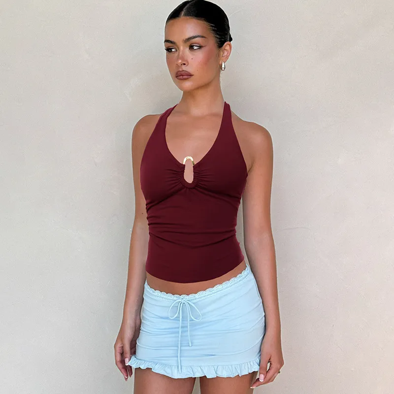 Sexy Slim-fit Crop Top V-neck Halter Tank - Red