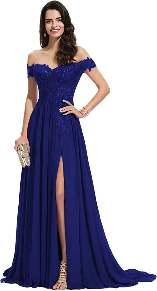Women's Off shoulder Shoulder baring Long Prom Dress Slit Lace Blue - Shop at LoveMi