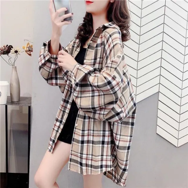 Loose fitting Korean style Plaid Shirt For Women Khaki - Shop at LoveMi