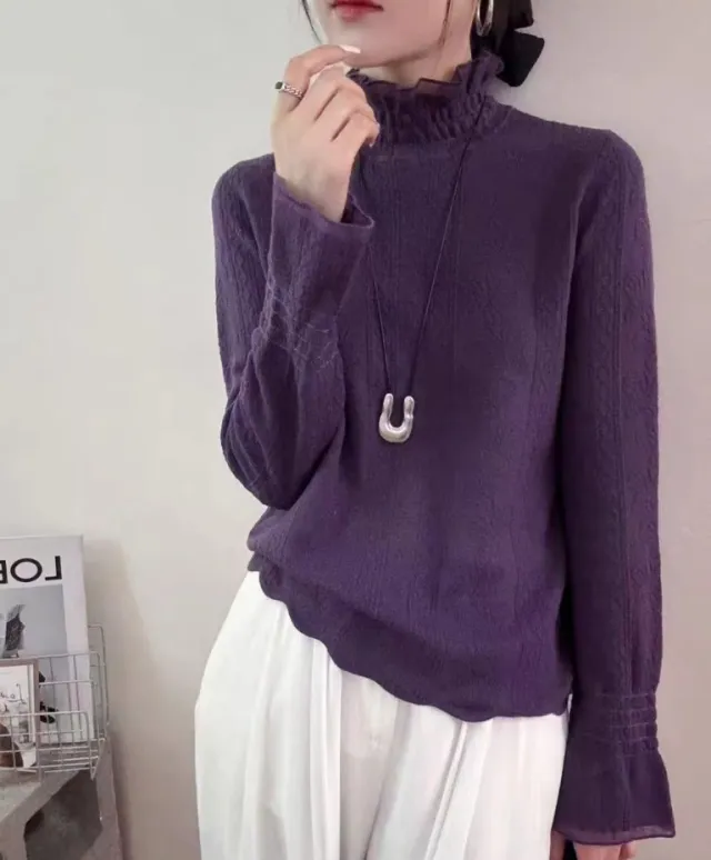 Women's Elegant Jacquard Lace Knit Long Sleeve Base Shirt Purple - Shop at LoveMi