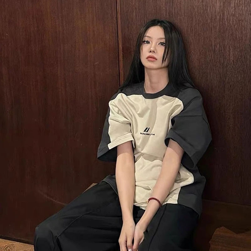 American Retro Patchwork T-shirt Couple High-end Short Sleeve Top