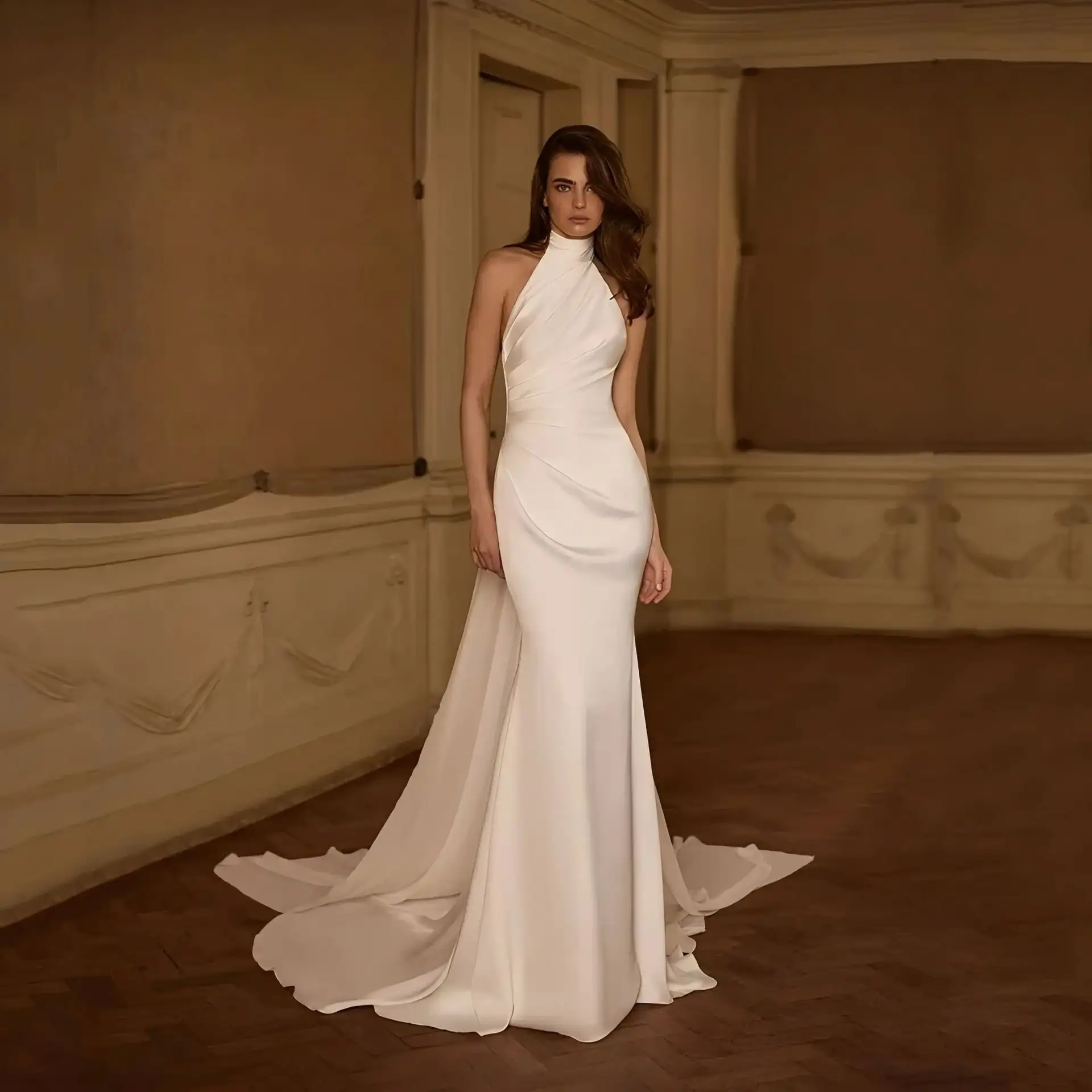 Satin Halter Neck Wedding Dress - Backless