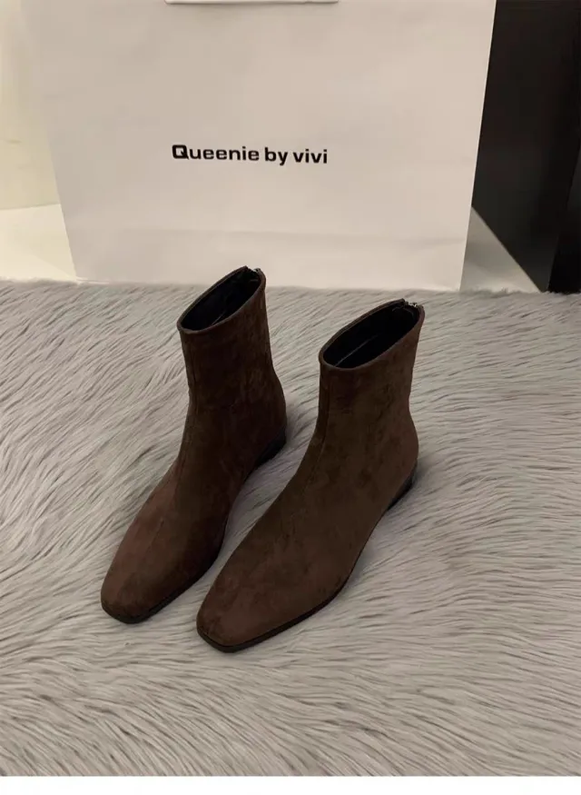 Womens Chunky Heel Suede All Match Fleece Lined Stylish Ankle Boots Brown - Shop at LoveMi