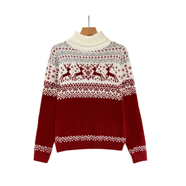 Loose Casual Knitted Long Sleeve Sweater Red Deer - Shop at LoveMi