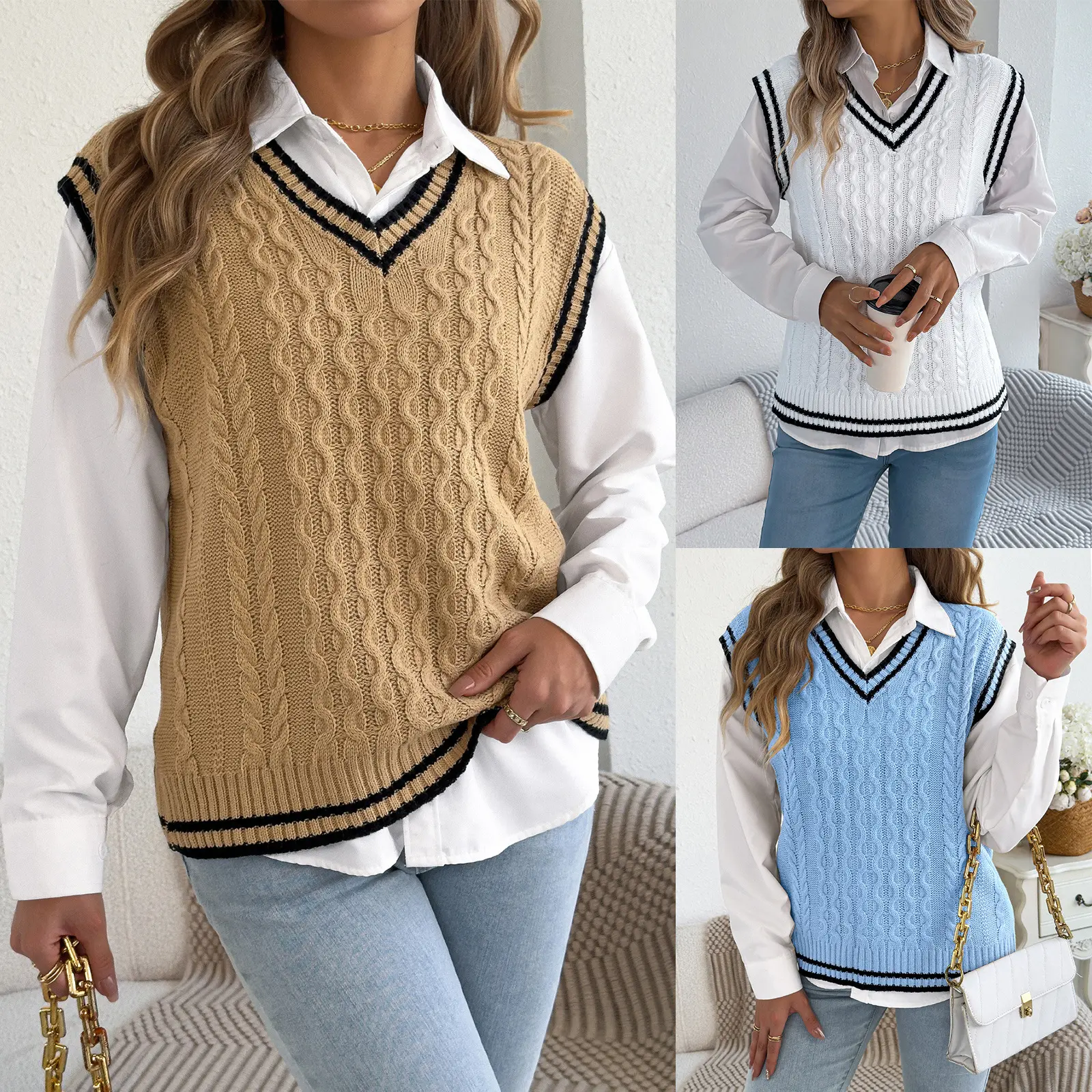 Color-Block V-Neck Cable-Knit Sleeveless Sweater