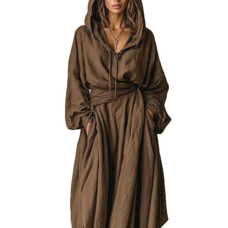 Womens Casual Loose-fitting Hooded Dress With A Belt