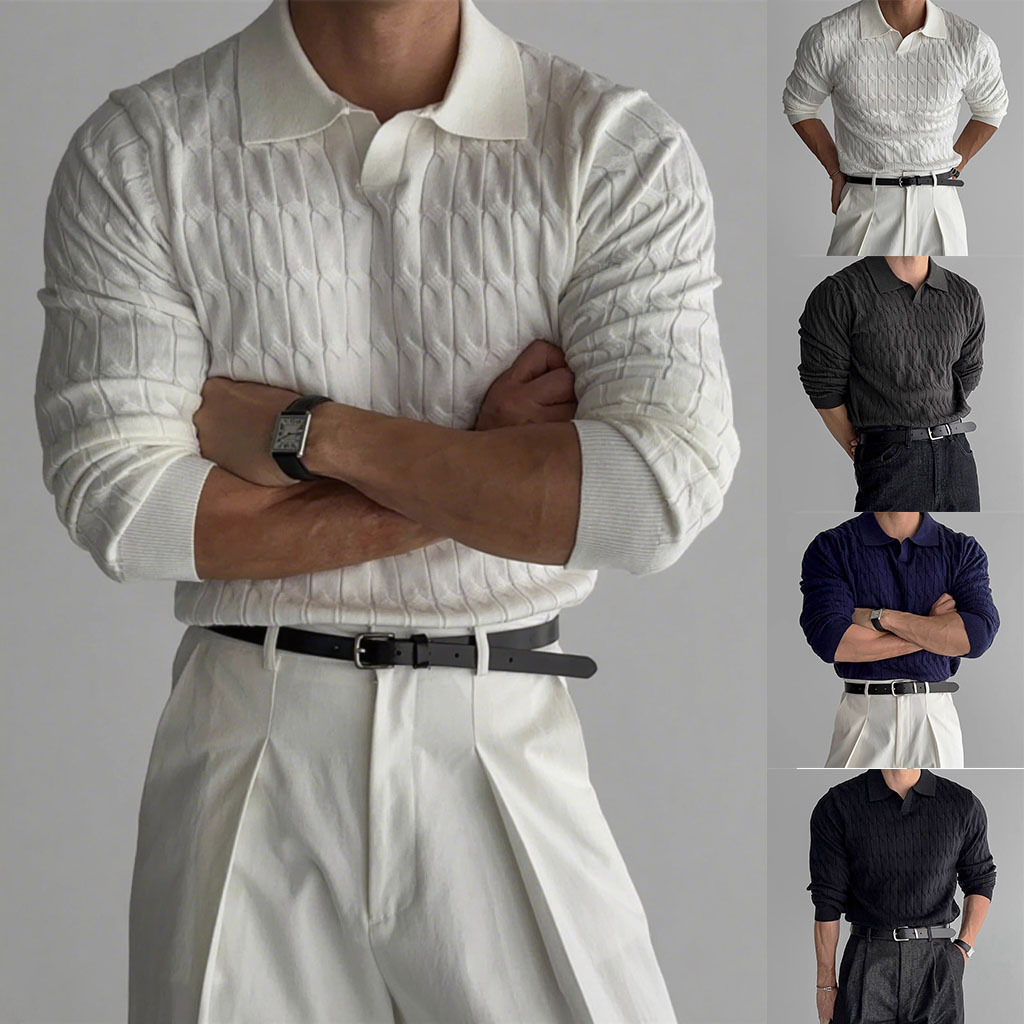 Tricou nou pentru bărbați din tricot, colecția toamnă-iarnă, cu model împletit, decolteu în V și mâneci lungi