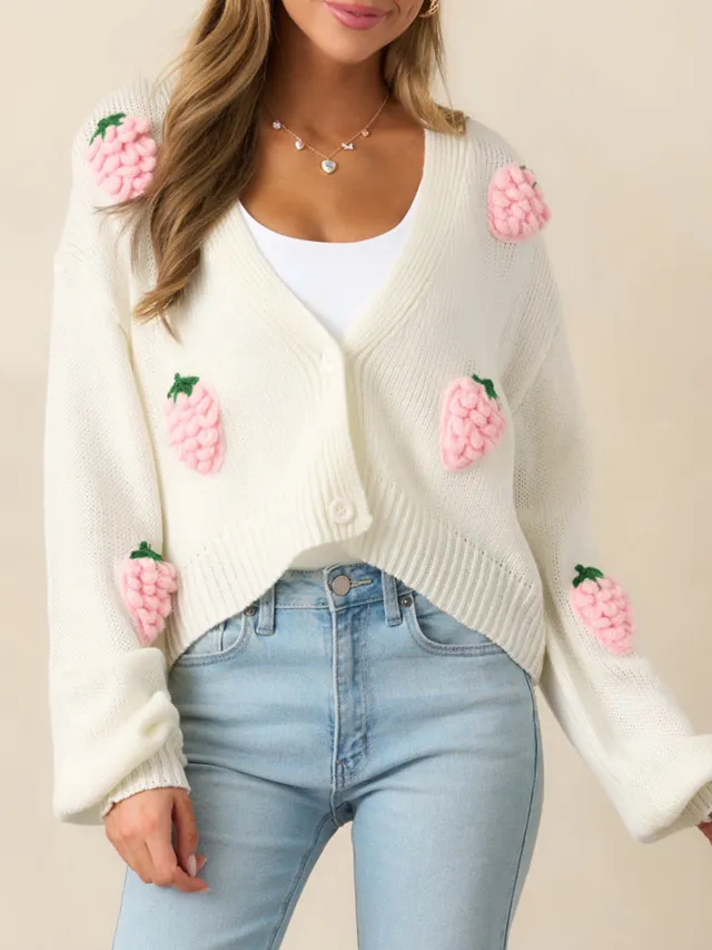 3D Strawberry Pattern Women's Elegant Sweater Beige - Shop at LoveMi