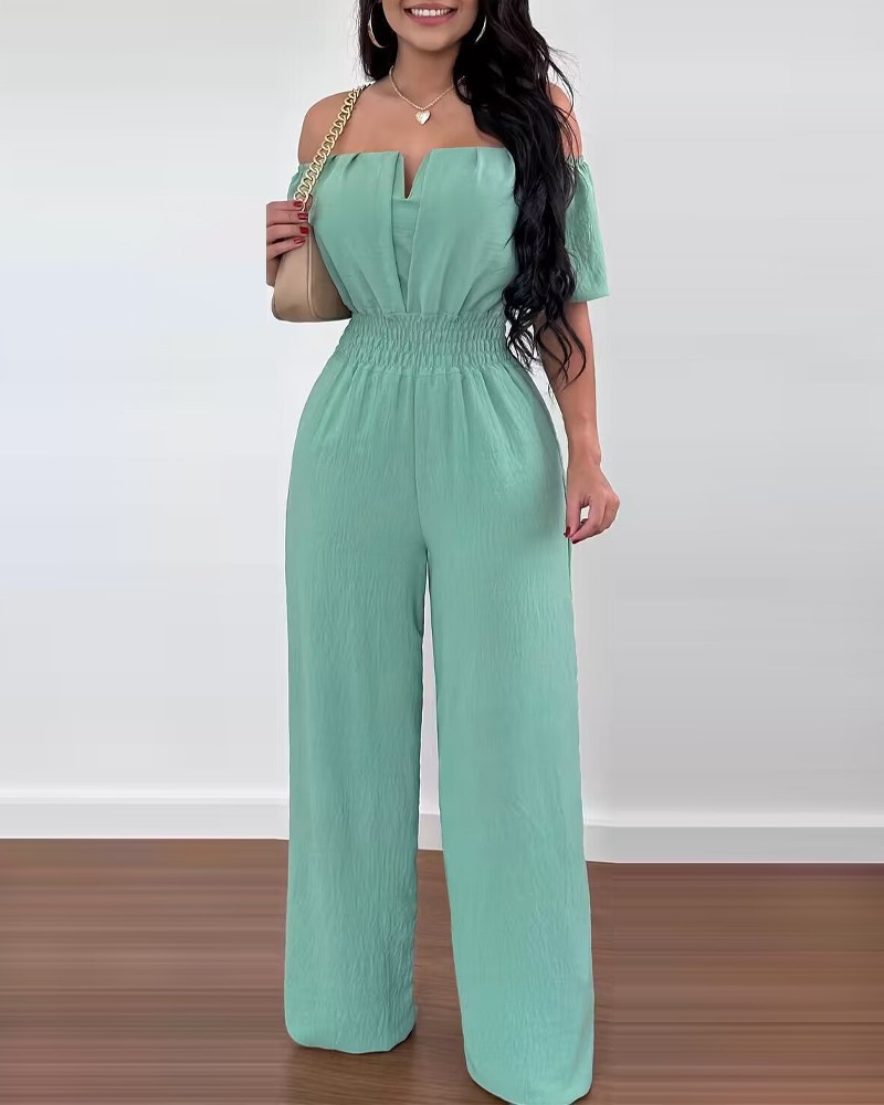 Women's Off-neck Waist Trimming Loose Straight Jumpsuit - Image 40
