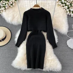 Women's Loose Two-piece Sweater Knitted Dress - Black - View 1