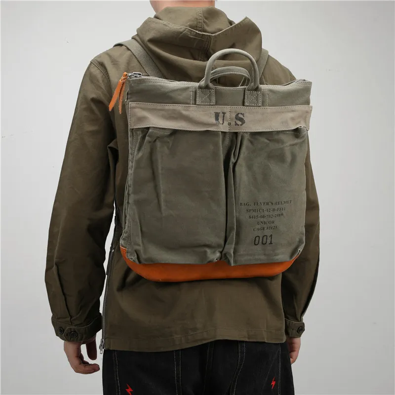 American Retro Motorcycle Bag Backpack Washed Distressed Canvas Bag Men's Outdoor Mountaineering Camping - Green
