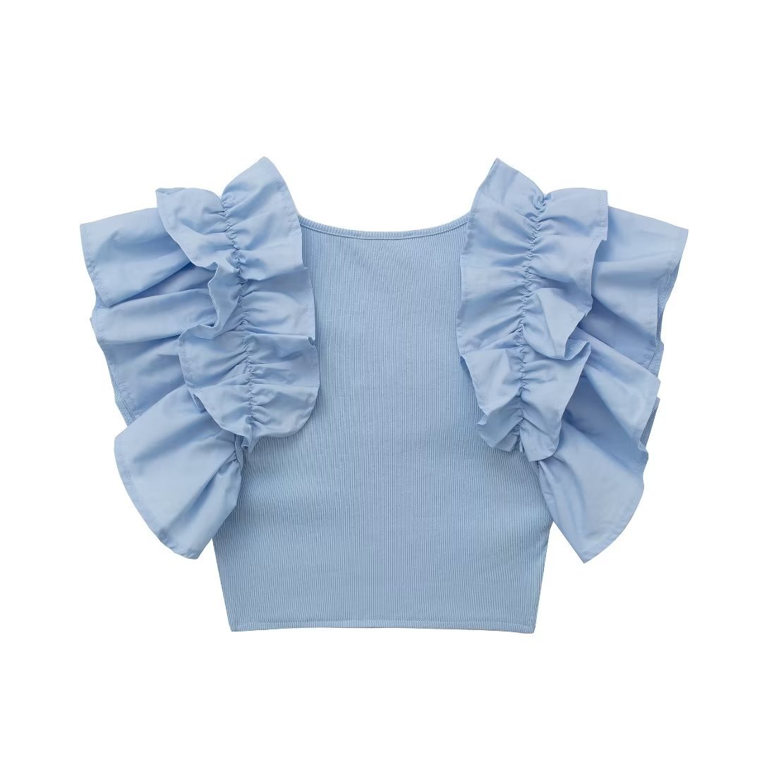 U-neck Laminated Ruffled Pullover Top