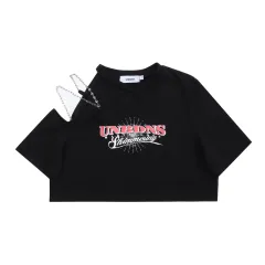Women's Niche Show Umbilical Shoulder Design Short Sleeve - Black - View 1