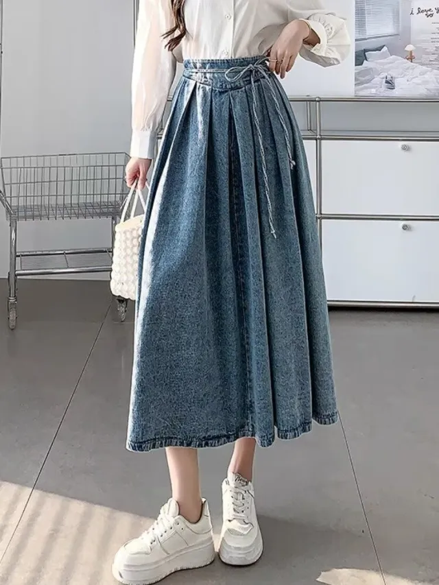 Women's Temperament High Waist Denim Pleated Mid length Skirt Blue - Shop at LoveMi