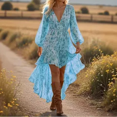 V-neck Irregular Hem Printed Long Sleeve Dress - Blue - View 1
