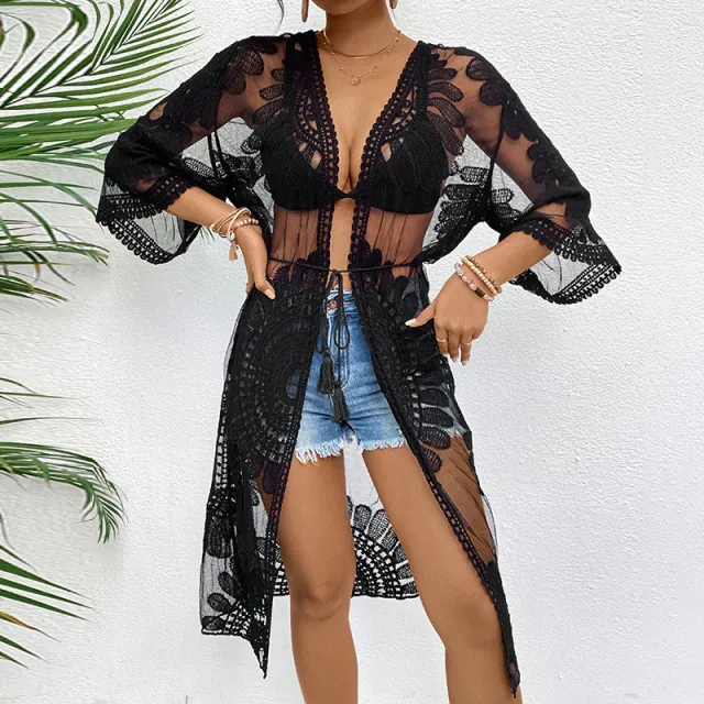 Lace Embroidered Kimono Cardigan Swimsuit Bikini Beach Cover up Black - Shop at LoveMi