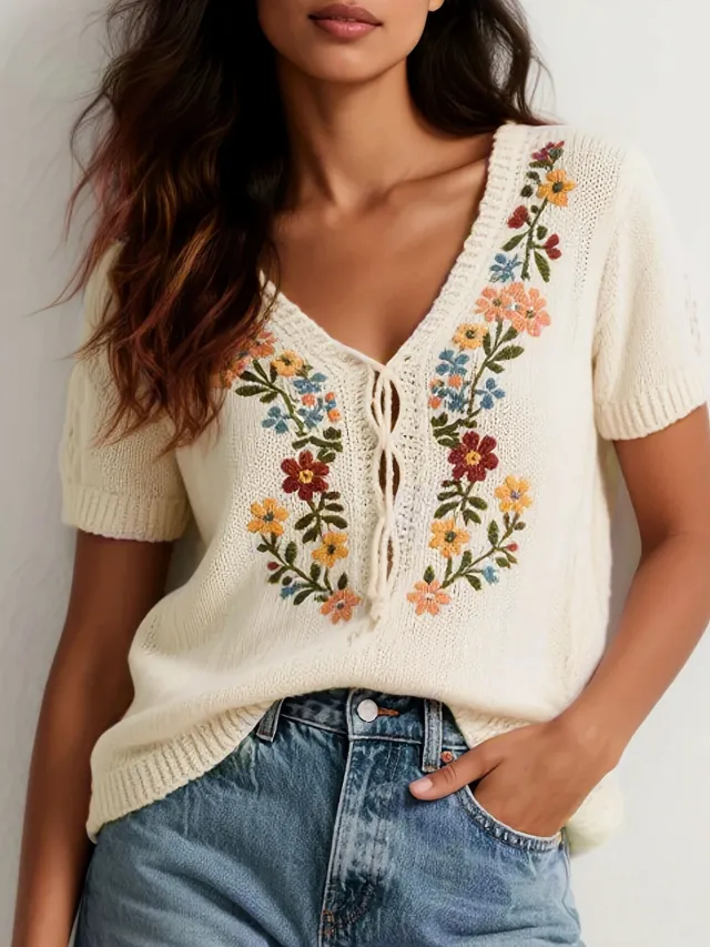 Retro Floral Embroidered Knit Sweater Loose Fit Red - Shop at LoveMi
