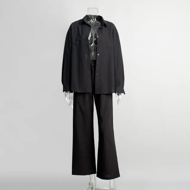 Cotton Shirt Trousers Suit Loose Long Sleeve Black - Shop at LoveMi