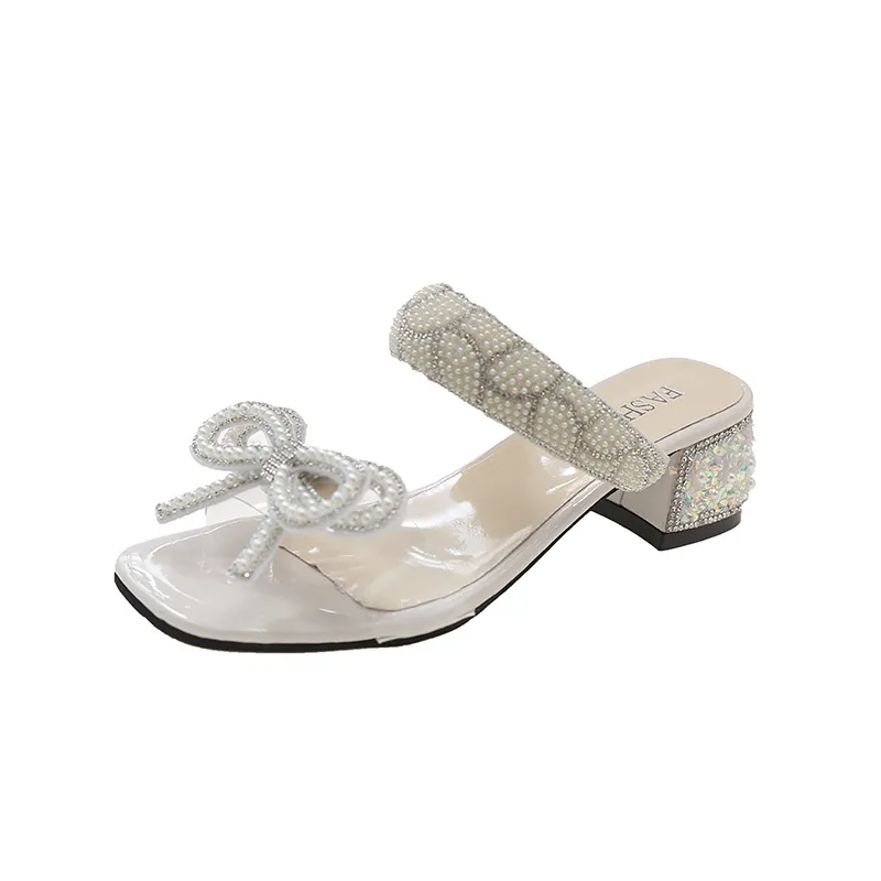 Gentle Bowknot Chunky Heel Sandals For Women Summer New One Strap Transparent - Transparent