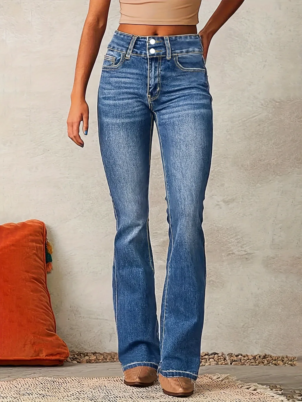 Skinny Flared Jeans With Pockets Fashion Button Zipper Trousers Women's Slim Denim Pants - Light Blue