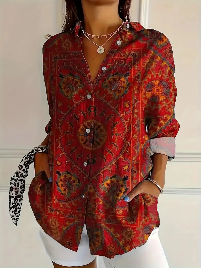 Women's Color Matching Casual Loose Button Digital Printing Shirt - Style05-L