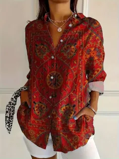 Women's Color Matching Casual Loose Button Digital Printing Shirt - Style05-L - View 1