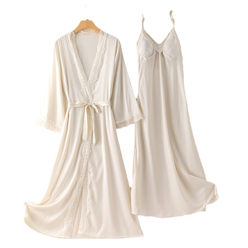 Spring And Summer Ice Silk Thin Nightgown Nightdress Two-piece Set With Chest Pad Pure Desire Style Home Wear