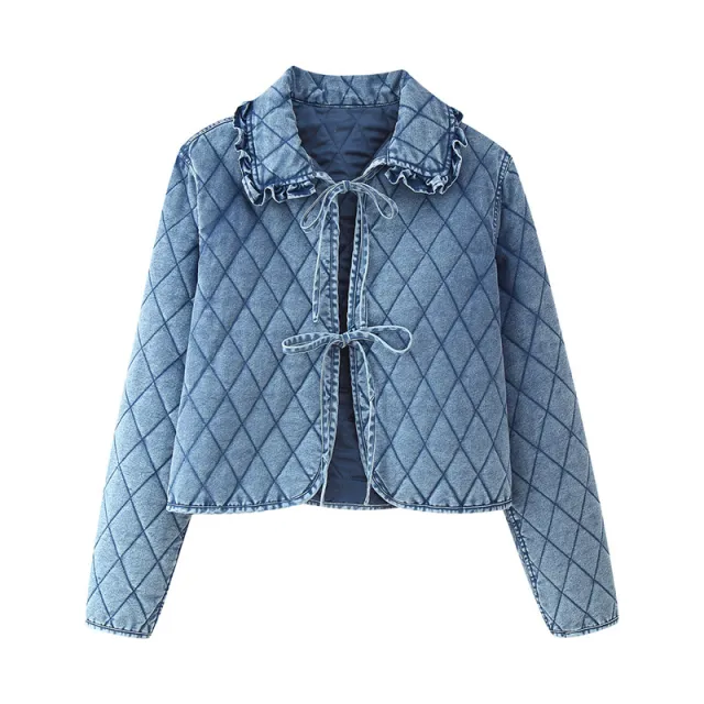 Washed Wood Ear Trim Denim Jacket Long Sleeve Blue - Shop at LoveMi
