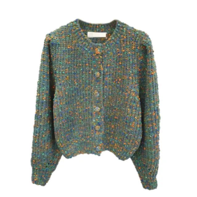 Fashion Round Neck Button Mixed Color Knitted Short Coat Green - Shop at LoveMi