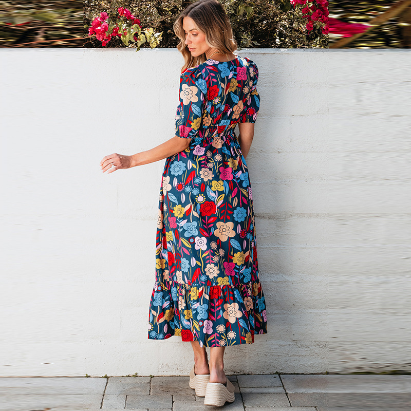 Vintage Floral Print Slim Fit Long Dress Women's Clothing