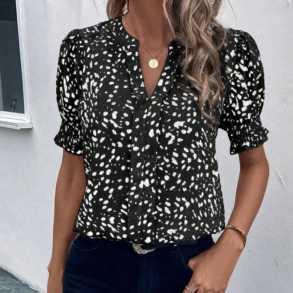 Women's Casual V-Neck Printed Pleated Short-Sleeve Chiffon Blouse - Black