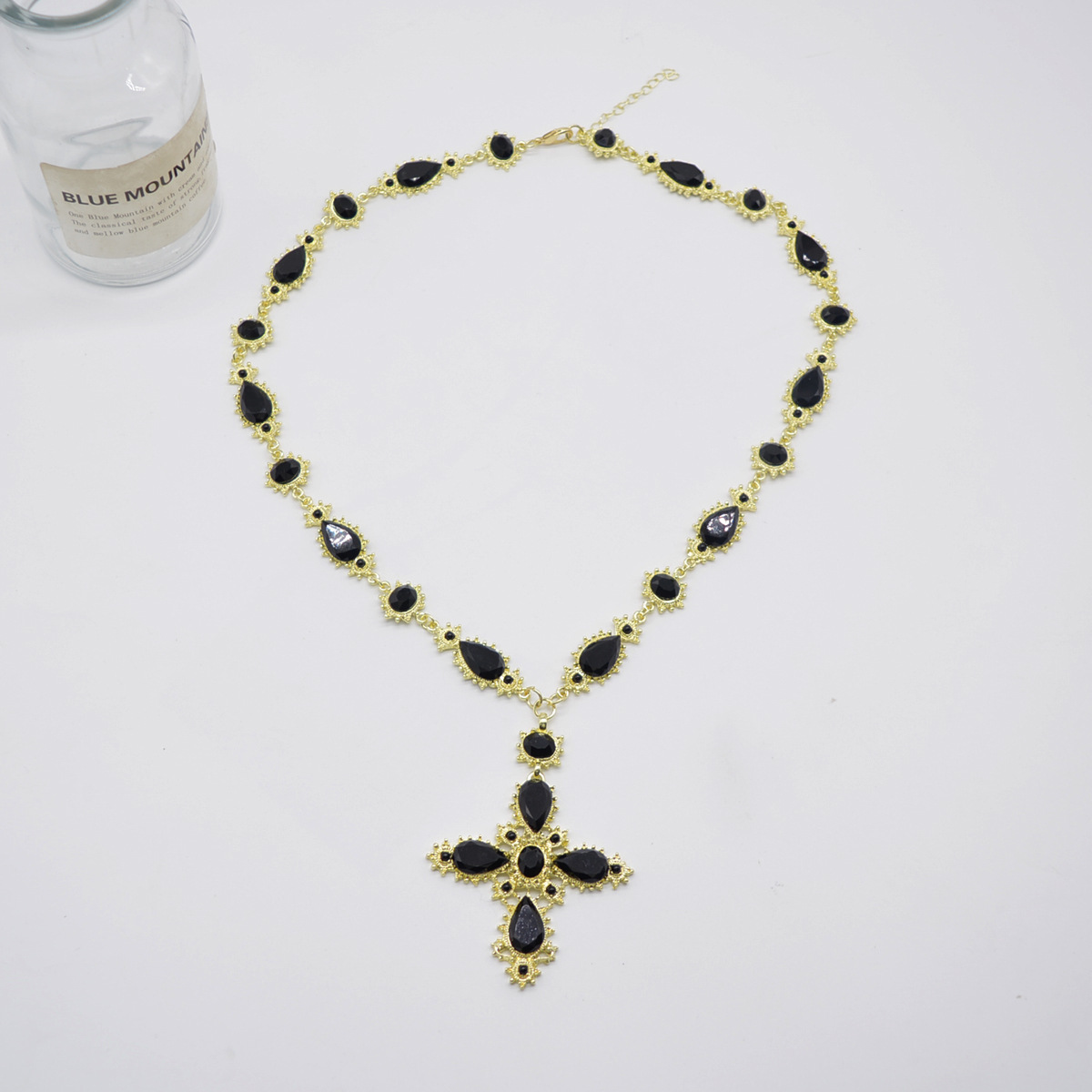 Medieval Cross Black Gemstone Necklace